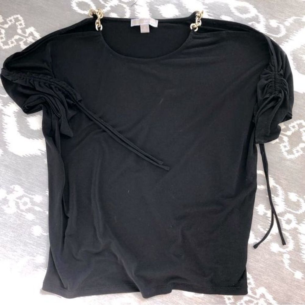 Michael Kors gold link strap black blouse tie sleeve woman’s size M
